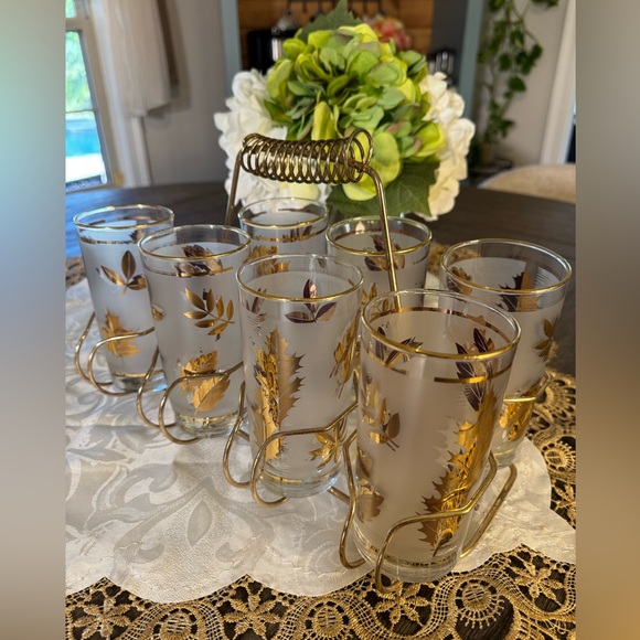 MCM Other - MCM Libbey Frosted Gold Leaf Highball Glasses Set with Metal Carrier